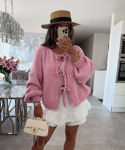 Solid Color Lace-Up Crew Neck Cardigan