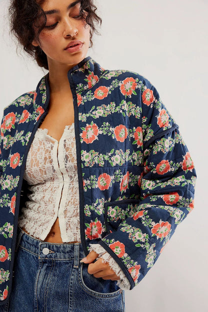 Floral Print Cotton Drop Shoulder Jacket with Pocket Clip