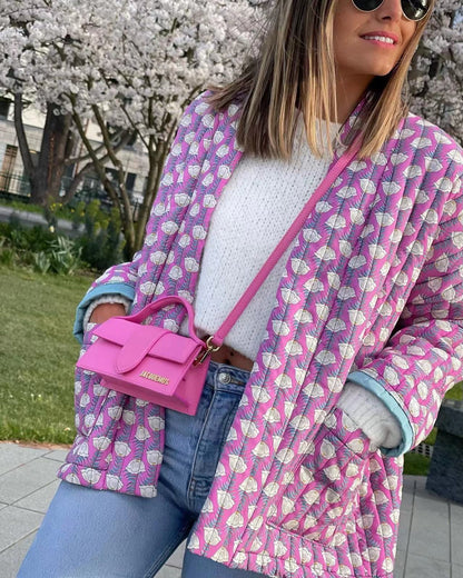 Quilted Jacket with Floral Print and Geometric Pattern Pockets