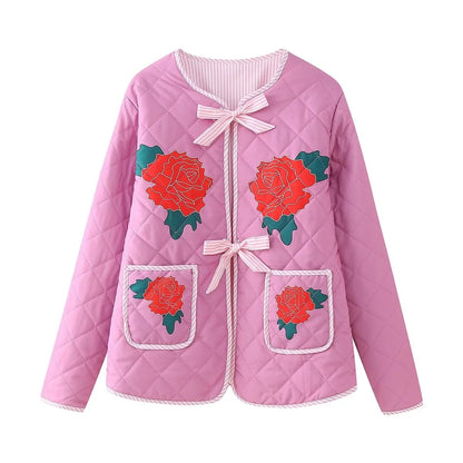 Pink Thin Jacket with Rose Print and Bow Detail