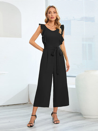 Ruffled Belted Midi Culotte Jumpsuit with Straight Legs