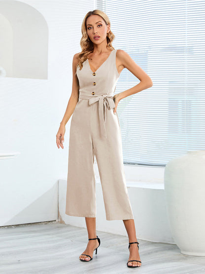 V-Neck Button-Up Jumpsuit with Knot Tie and Cut-Out Back