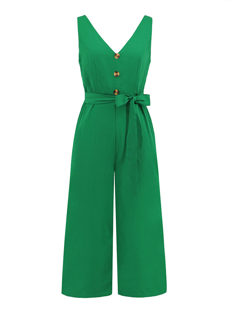 V-Neck Button-Up Jumpsuit with Knot Tie and Cut-Out Back