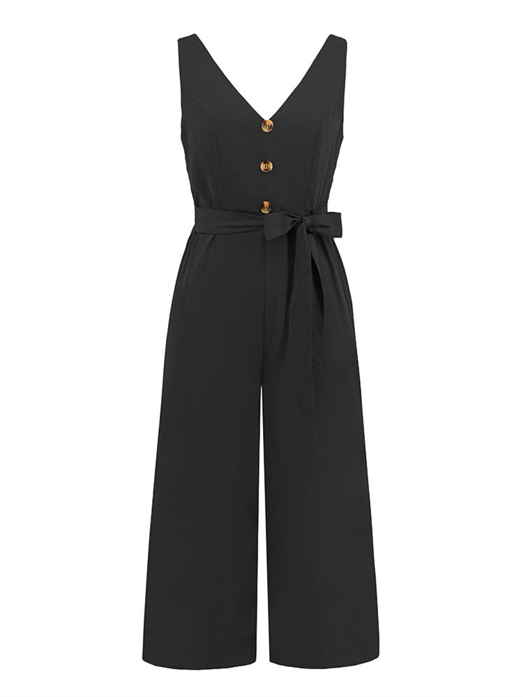 V-Neck Button-Up Jumpsuit with Knot Tie and Cut-Out Back