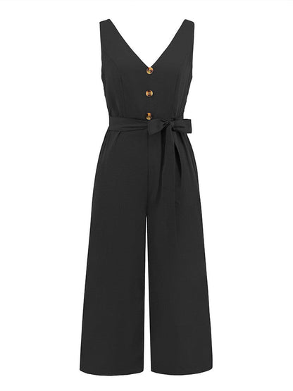 V-Neck Button-Up Jumpsuit with Knot Tie and Cut-Out Back