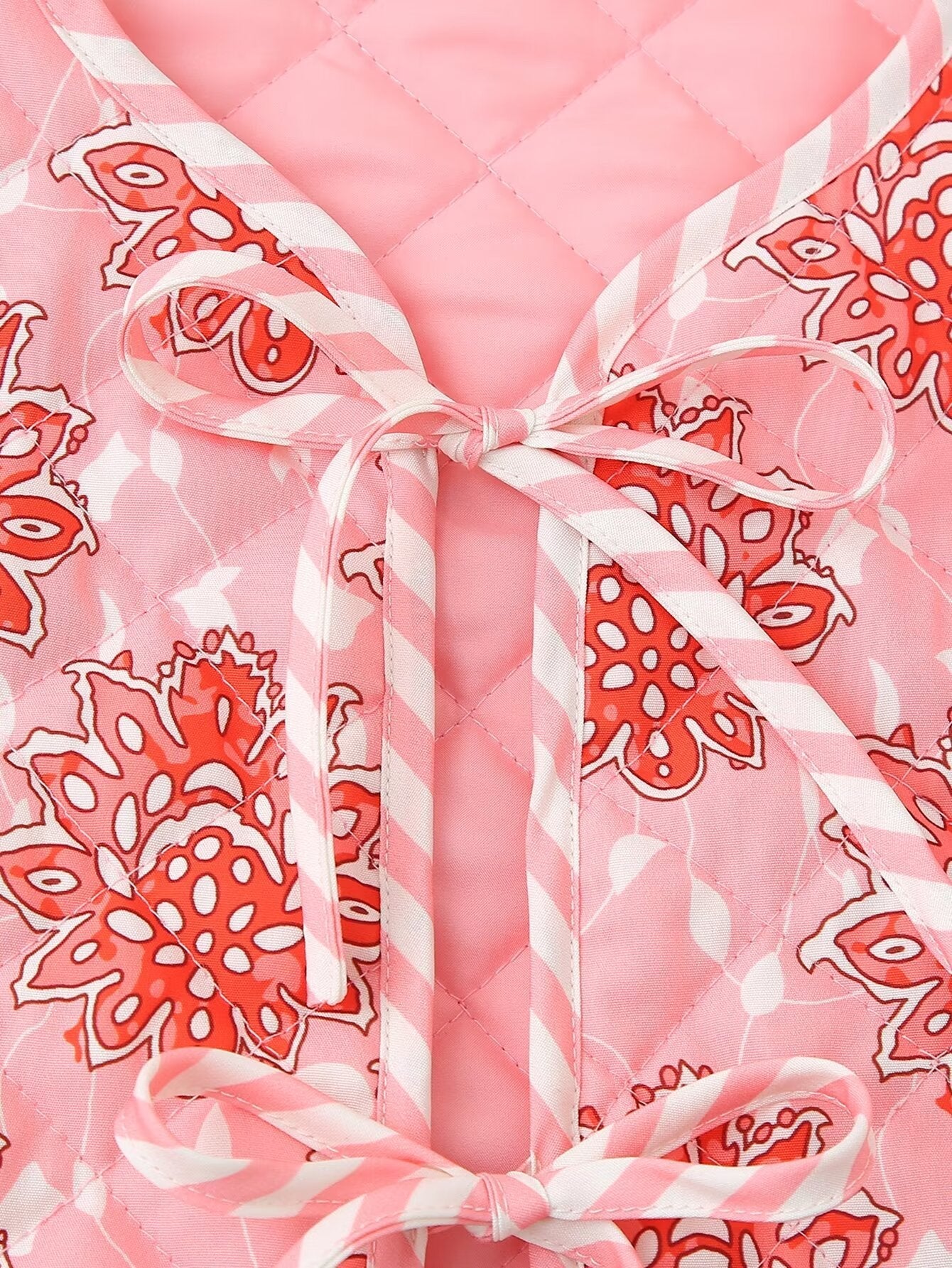 Floral Print Pink Lace-Up Quilted Waistcoat