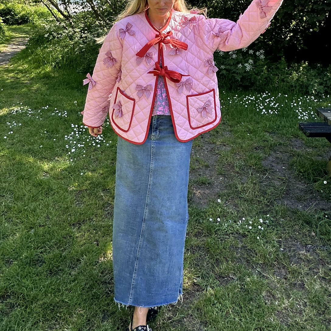 Quilted Thin Jacket with Bow Embroidery