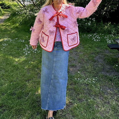 Quilted Thin Jacket with Bow Embroidery