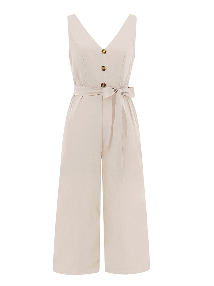 V-Neck Button-Up Jumpsuit with Knot Tie and Cut-Out Back