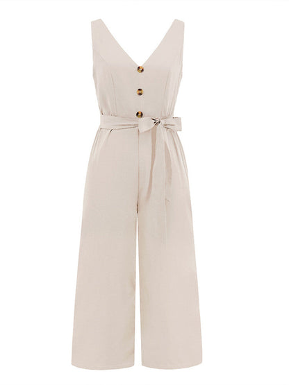 V-Neck Button-Up Jumpsuit with Knot Tie and Cut-Out Back