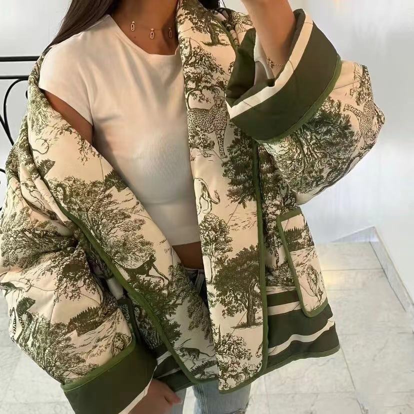 Quilted Oversized Jacket with Vintage Ink Painting Print