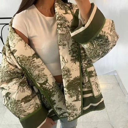Quilted Oversized Jacket with Vintage Ink Painting Print