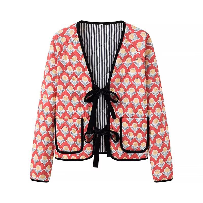 Charming Floral Bow-Detail Lace-Up Jacket