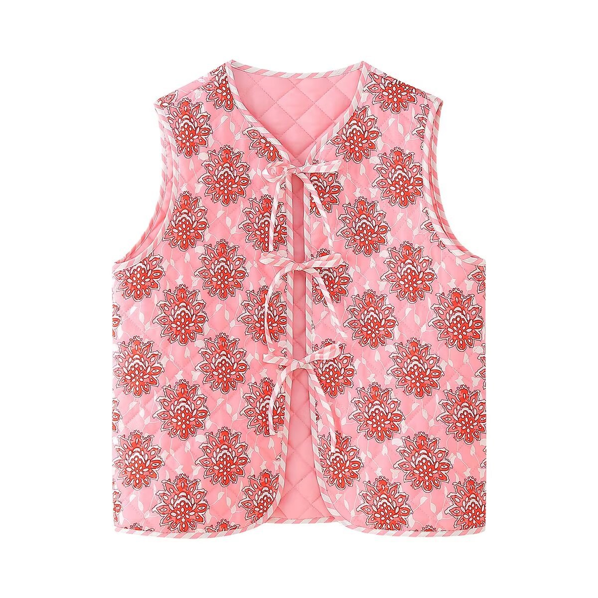 Floral Print Pink Lace-Up Quilted Waistcoat