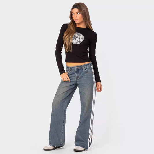 Wide-Leg Jeans with Loose Fit, Side Stripes, and Bow Detail