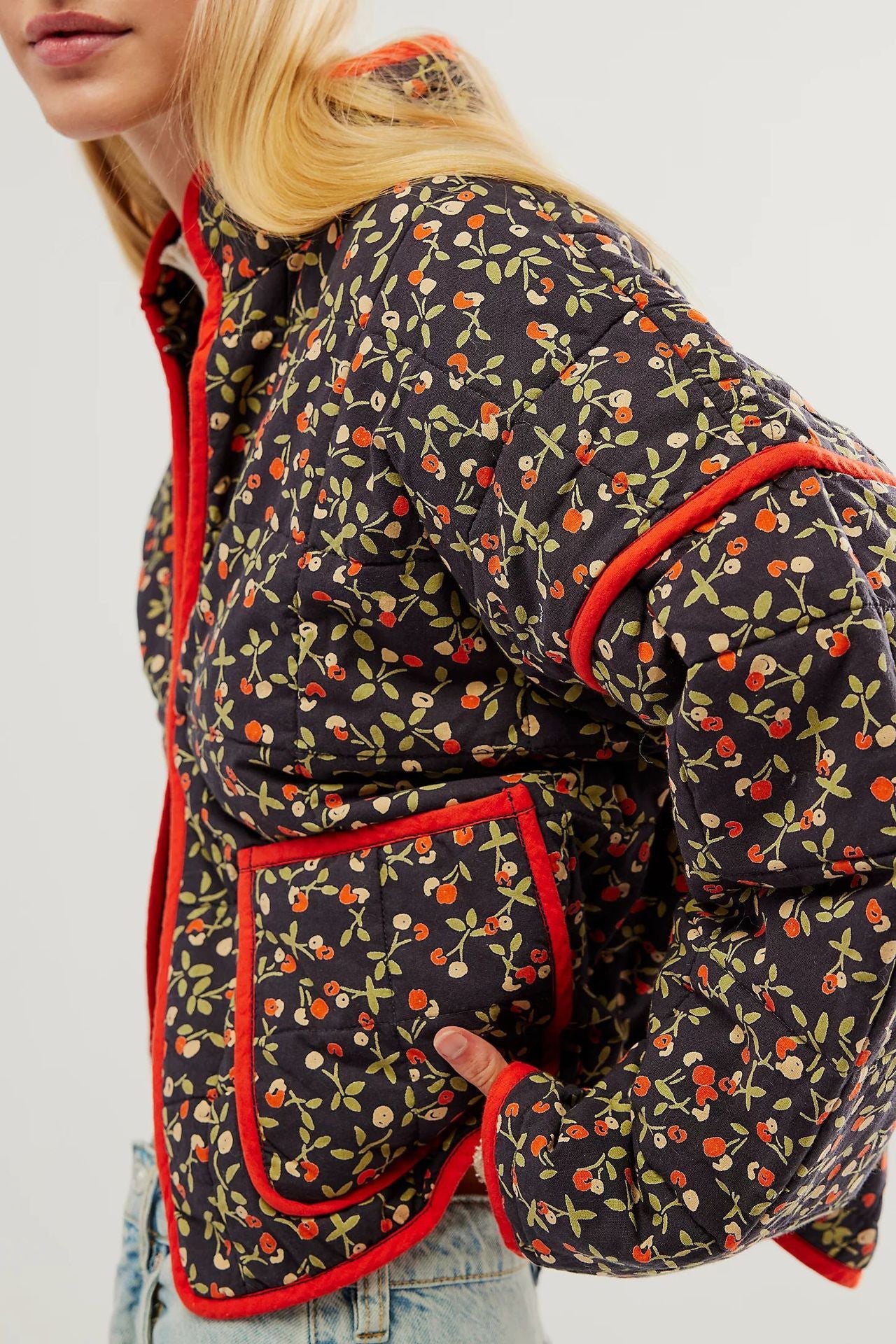 Floral Print Cotton Drop Shoulder Jacket with Pocket Clip