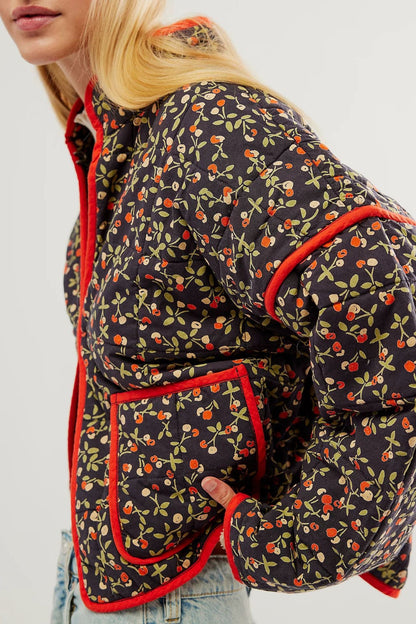 Floral Print Cotton Drop Shoulder Jacket with Pocket Clip