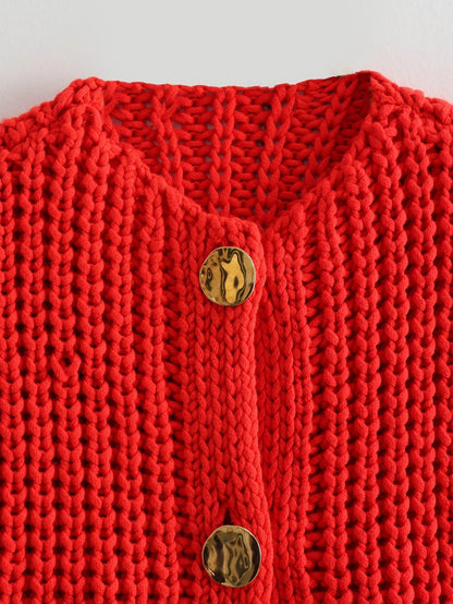 Chunky Knit Cardigan with Bold Buttons in Solid Color