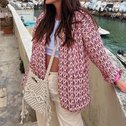 Quilted Jacket with Floral Print and Geometric Pattern Pockets
