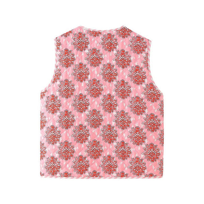 Floral Print Pink Lace-Up Quilted Waistcoat