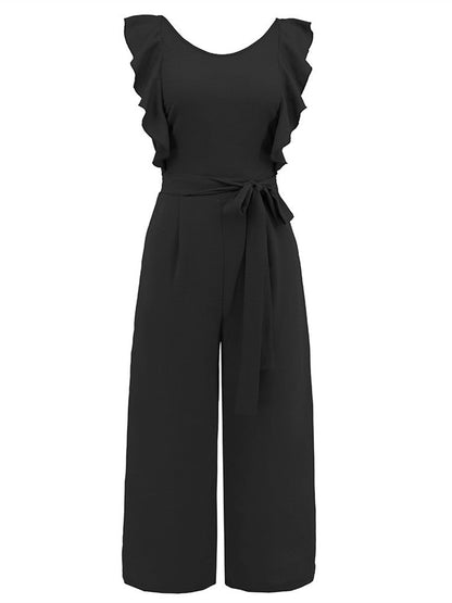 Ruffled Belted Midi Culotte Jumpsuit with Straight Legs