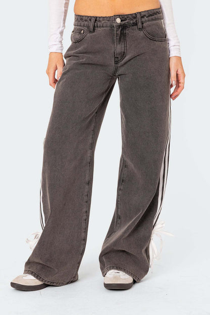 Wide-Leg Jeans with Loose Fit, Side Stripes, and Bow Detail