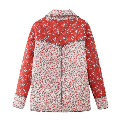 Quilted Jacket with Ethnic Floral Print and Color Contrast