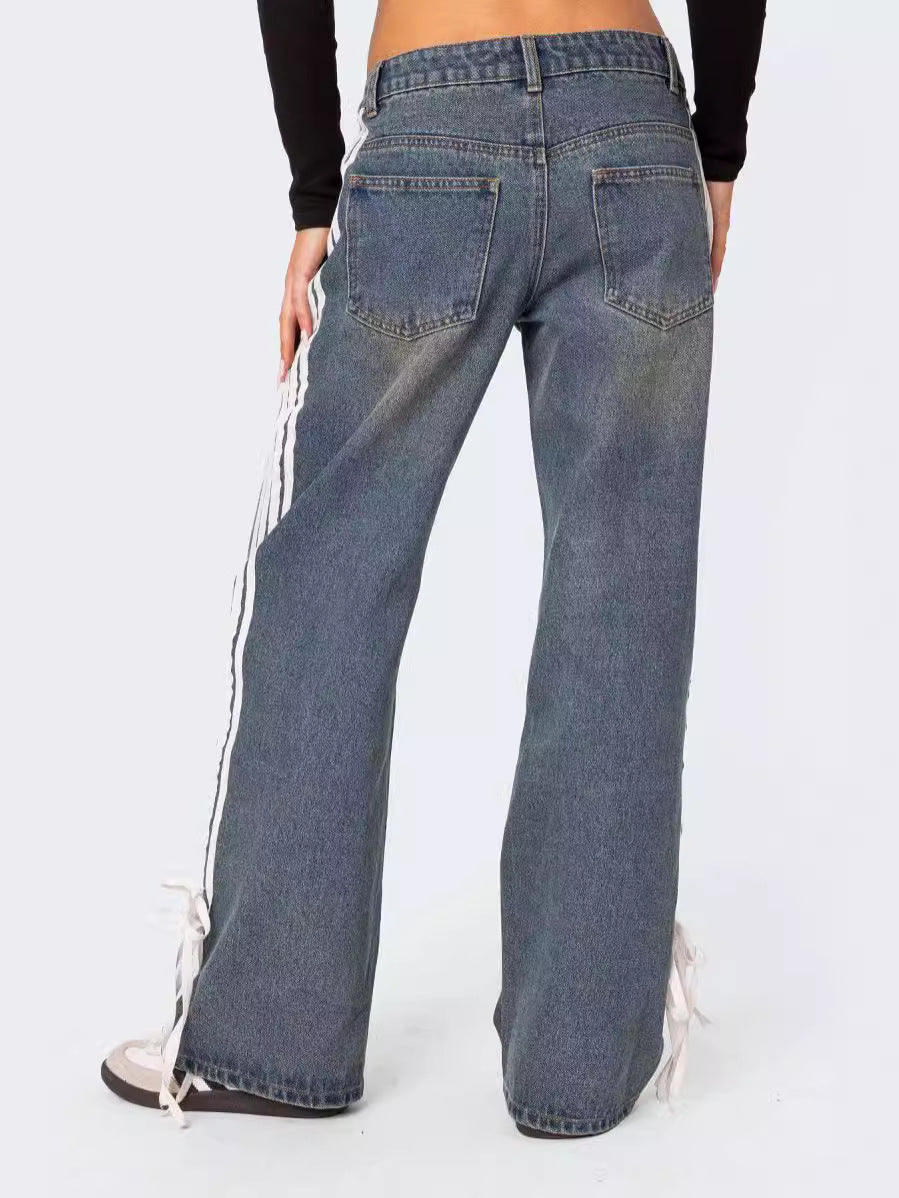 Wide-Leg Jeans with Loose Fit, Side Stripes, and Bow Detail