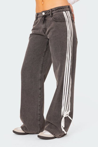 Wide-Leg Jeans with Loose Fit, Side Stripes, and Bow Detail