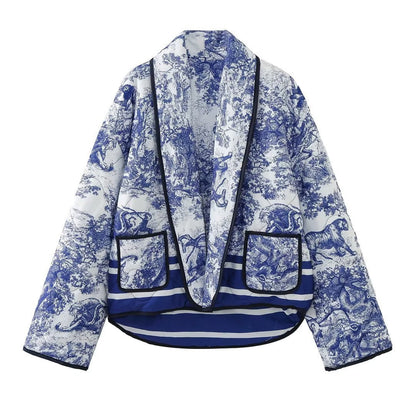 Quilted Oversized Jacket with Vintage Ink Painting Print