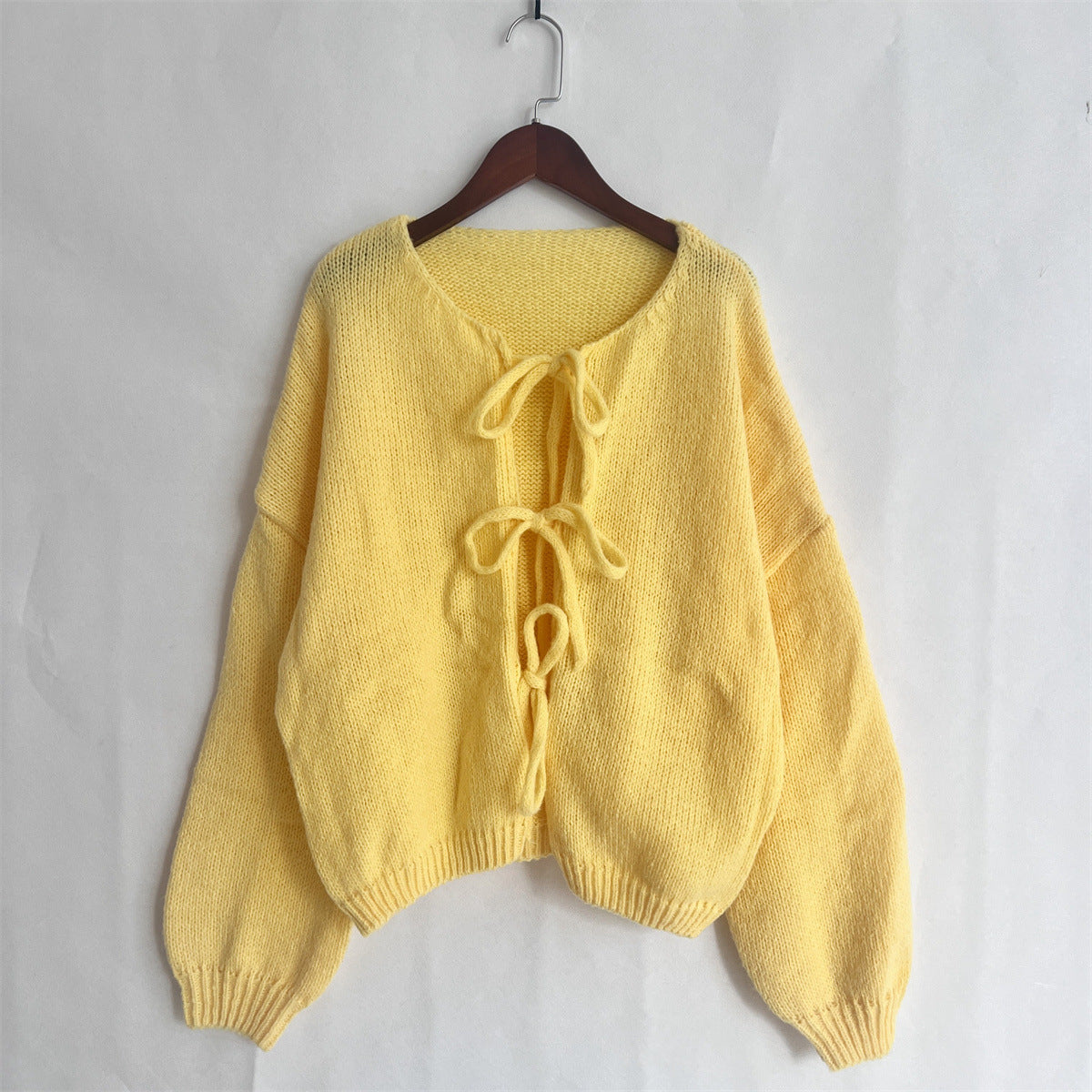 Solid Color Lace-Up Crew Neck Cardigan
