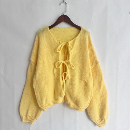 Solid Color Lace-Up Crew Neck Cardigan