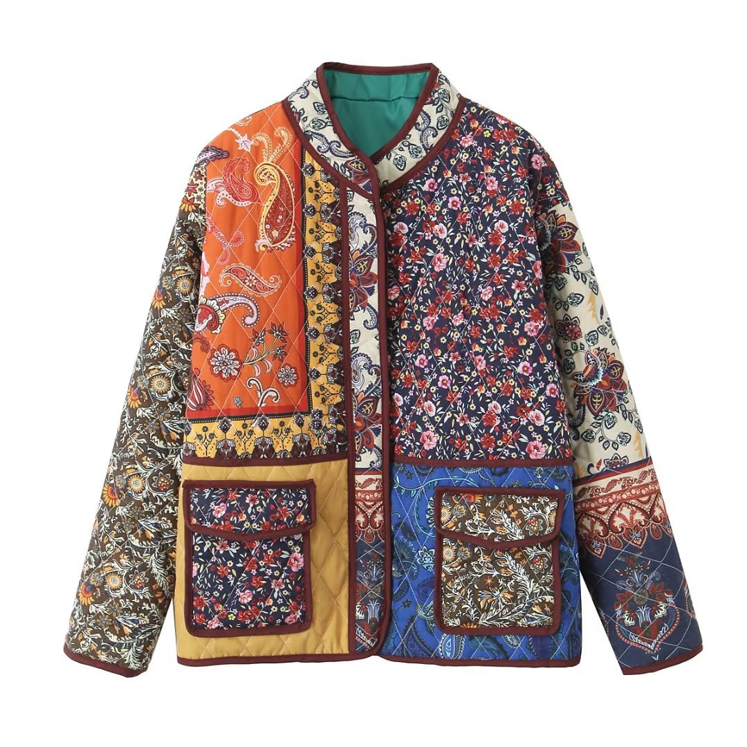 Multi-Colored Quilted Jacket with Ethnic Pattern Design
