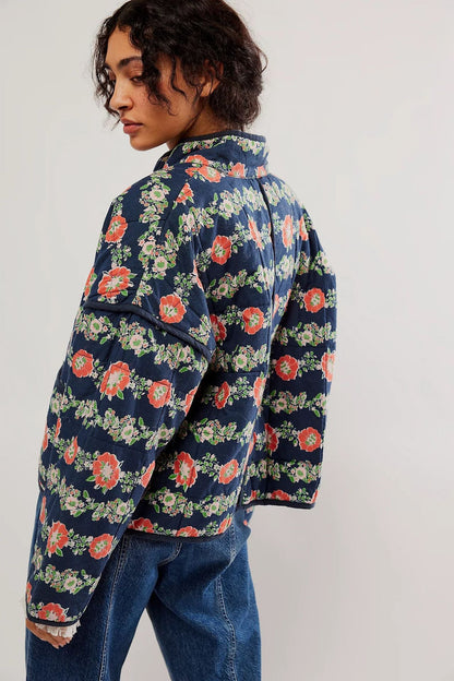 Floral Print Cotton Drop Shoulder Jacket with Pocket Clip