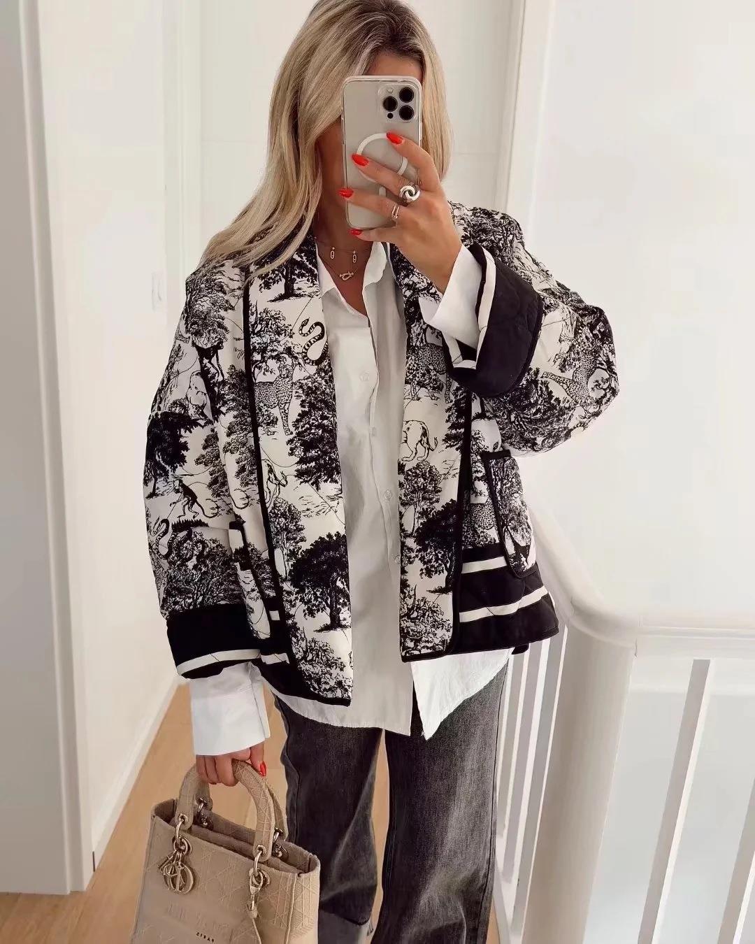 Quilted Oversized Jacket with Vintage Ink Painting Print