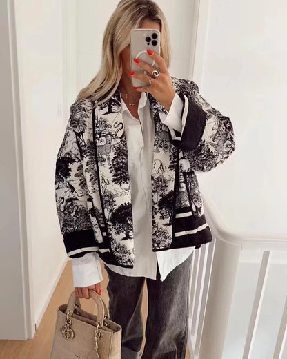 Quilted Oversized Jacket with Vintage Ink Painting Print