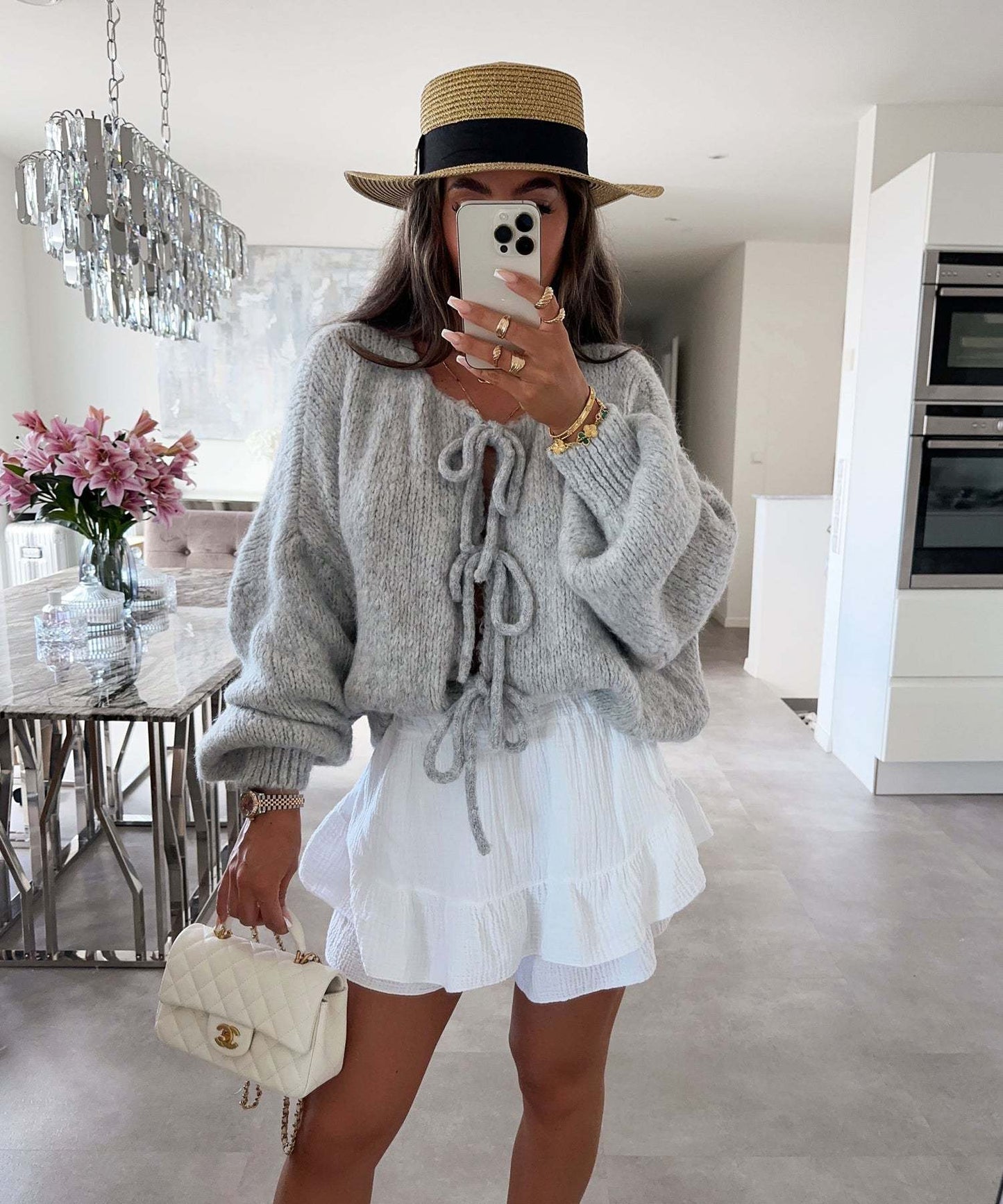 Solid Color Lace-Up Crew Neck Cardigan