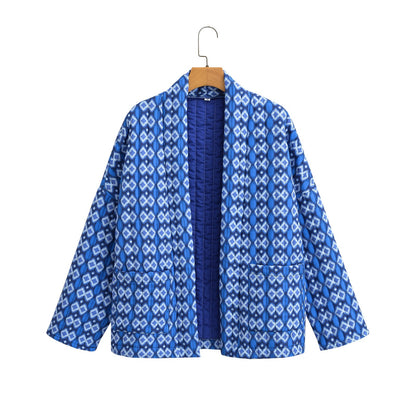 Quilted Jacket with Floral Print and Geometric Pattern Pockets