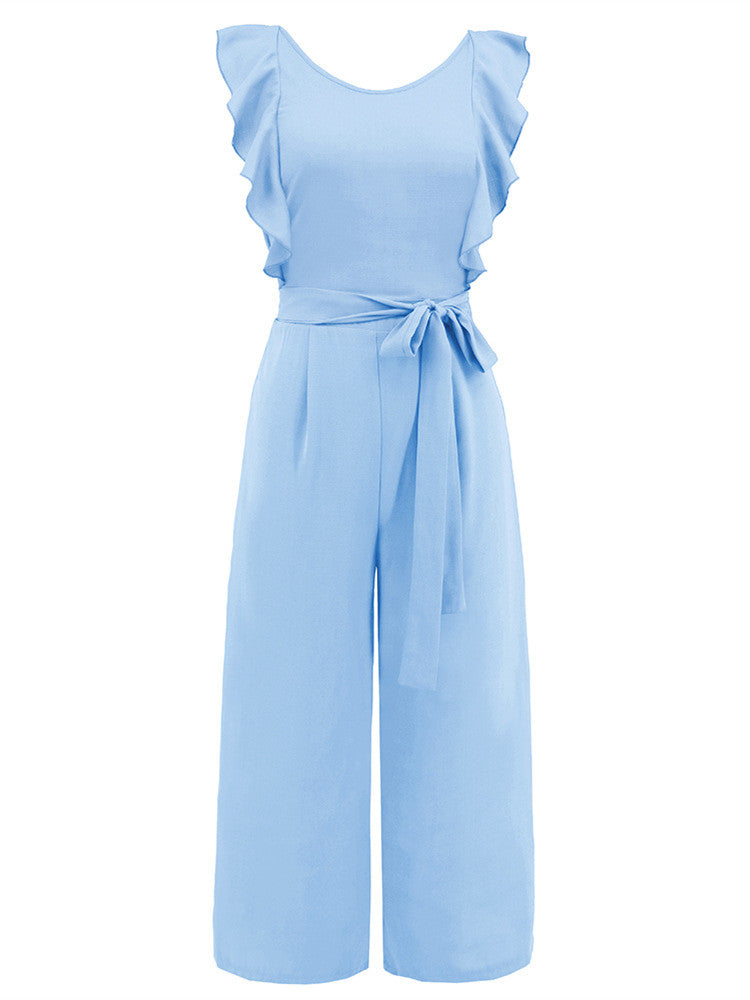 Ruffled Belted Midi Culotte Jumpsuit with Straight Legs