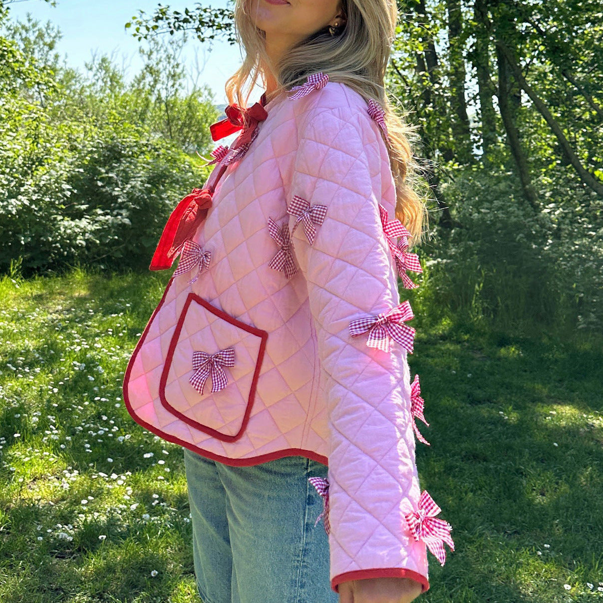Quilted Thin Jacket with Bow Embroidery