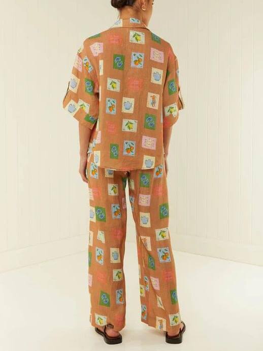 Set of Loose Wide-Leg Trousers Featuring Ethnic Botanical Floral Print
