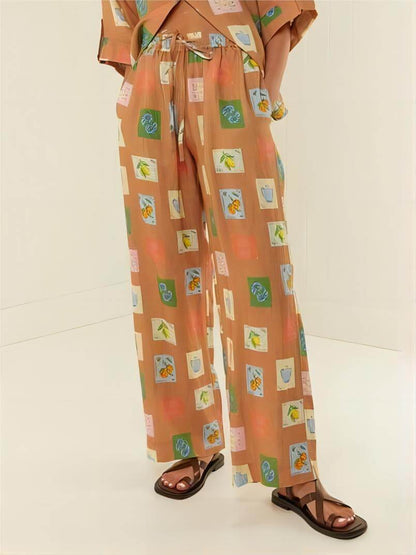 Set of Loose Wide-Leg Trousers Featuring Ethnic Botanical Floral Print