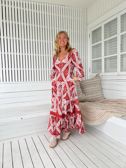 Carmen Pink Maxi Dress with Long Sleeves