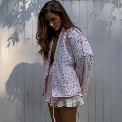Loose Quilted Jacket with Pink Floral Lace-Up Design
