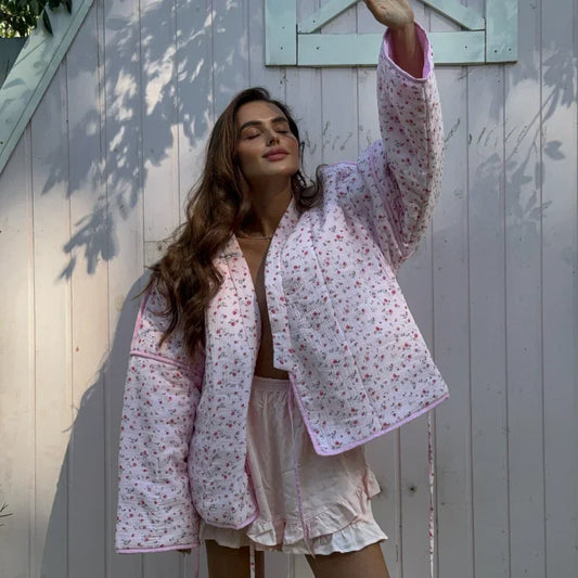 Loose Quilted Jacket with Pink Floral Lace-Up Design