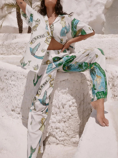 Two-Piece Set: Mermaid Print Short-Sleeve Shirt and Wide-Leg Trousers