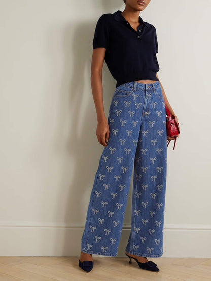 High-Rise Wide-Leg Jeans with Bow and Crystal Accents