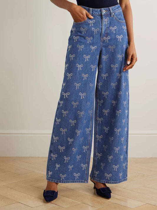 High-Rise Wide-Leg Jeans with Bow and Crystal Accents
