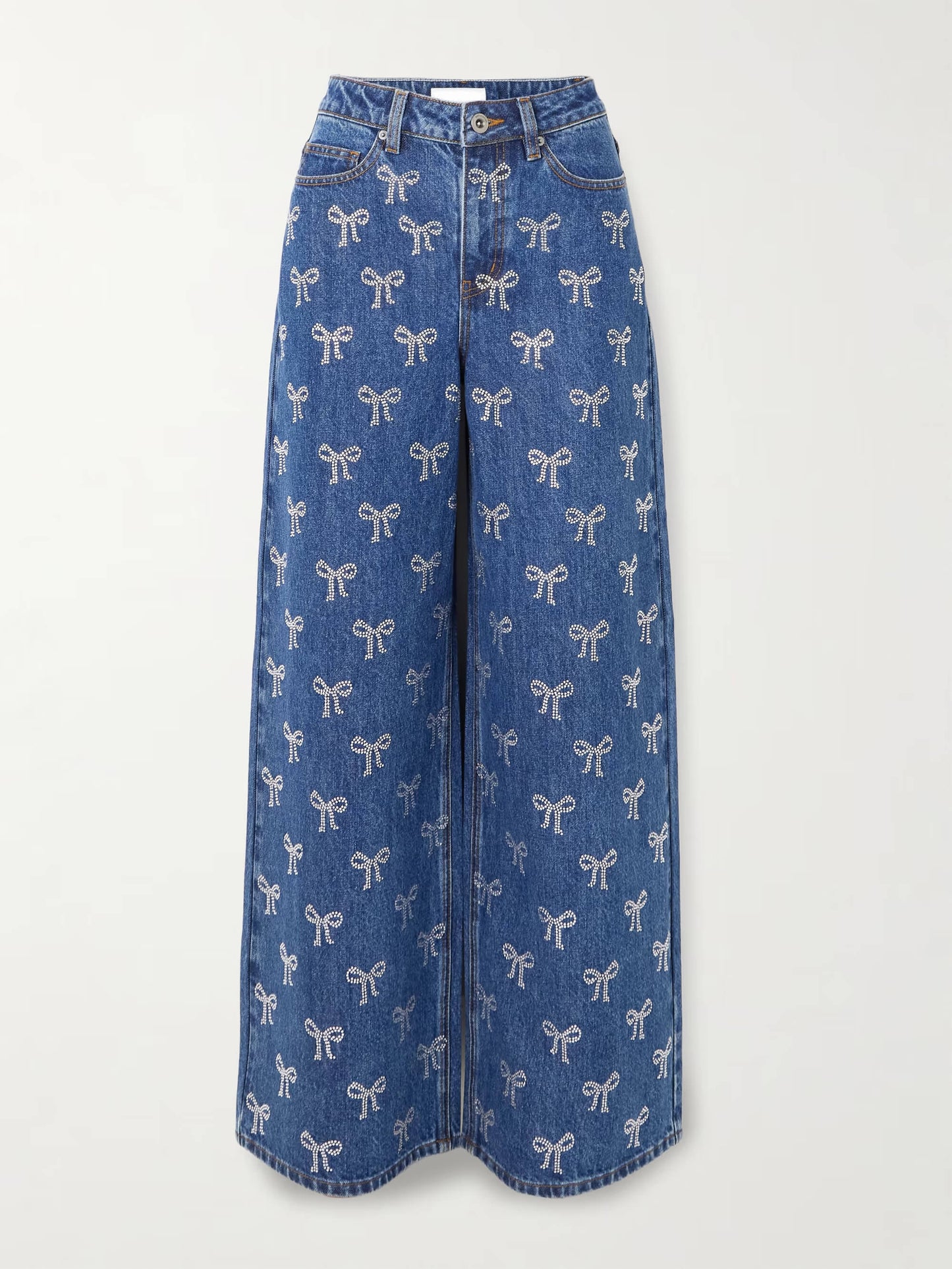 High-Rise Wide-Leg Jeans with Bow and Crystal Accents