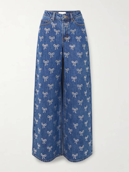 High-Rise Wide-Leg Jeans with Bow and Crystal Accents